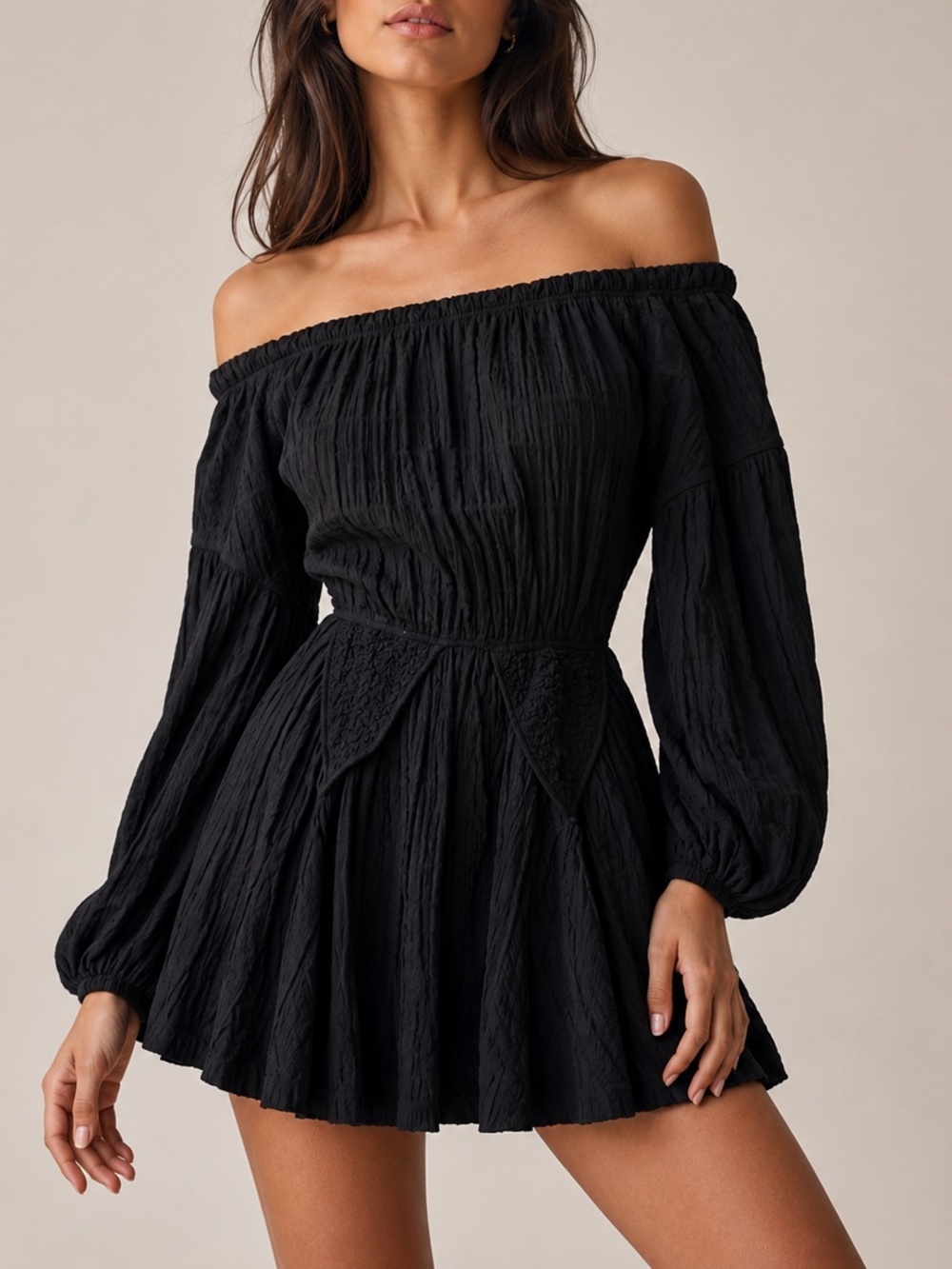 Lucca Cotton Sandrine Mini Dress Size XS/S Black Smocked Waist Ling Sleeve